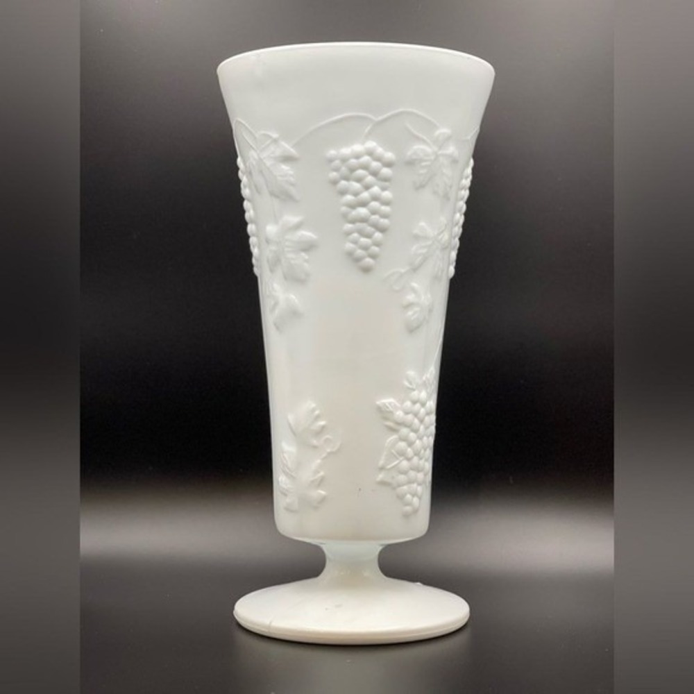 Vintage Indiana Glass Colony Harvest Grape Milk Glass Footed Vase 9.75" White